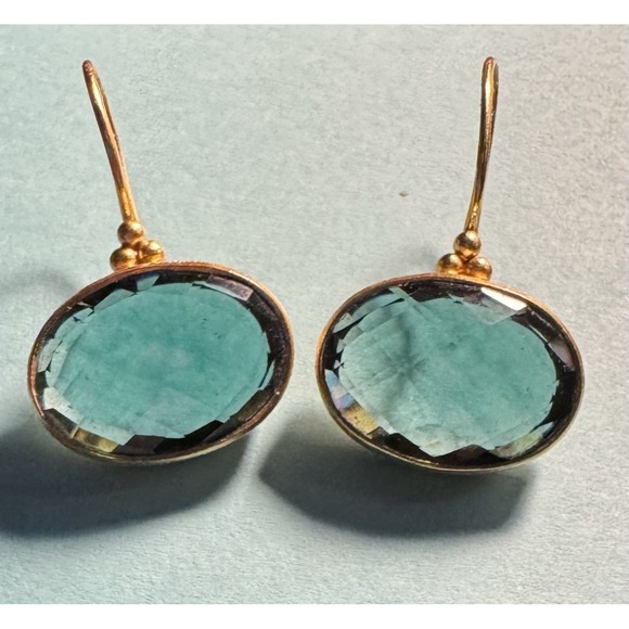 The Unbranded Brand Jewelry - 925 Sterling Silver Gold Tn Teal Faceted Glass Quartz Drop Dangle Earrings India
